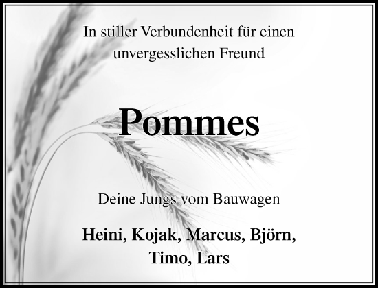 Traueranzeige von Pommes  von MARKT Bad Oldesloe/Reinfeld und Stormarner Tageblatt