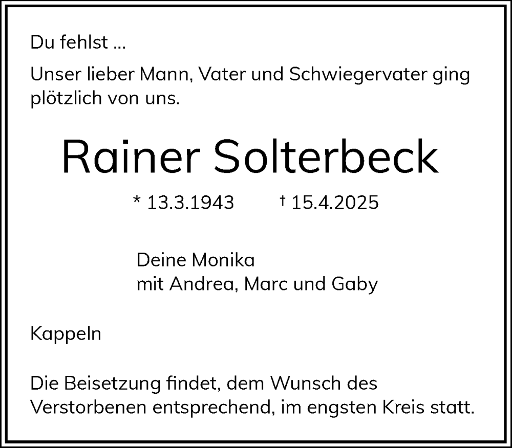  Traueranzeige für Rainer Solterbeck vom 19.04.2025 aus Schleswiger Nachrichten, Schlei-Bote