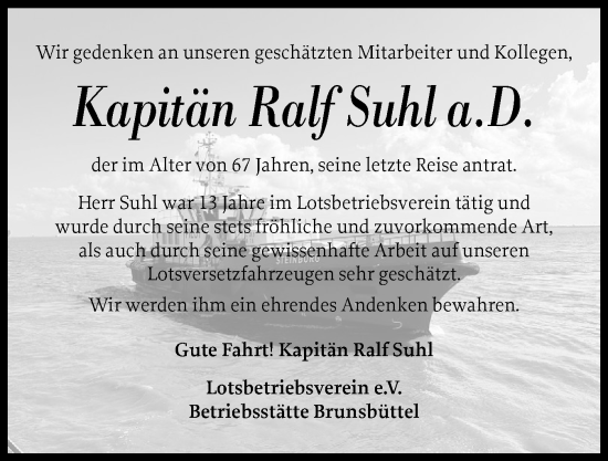 Traueranzeige von Ralf Suhl von Norddeutsche Rundschau, Wilstersche Zeitung, Glückstädter Fortuna