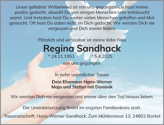 Traueranzeige von Regina Sandhack von Schleswig-Holsteinische Landeszeitung
