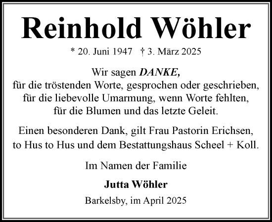 Traueranzeige von Reinhold Wöhler von Eckernförder Zeitung, Hallo Eckernförde