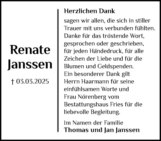 Traueranzeige von Renate Janssen von Flensburger Tageblatt