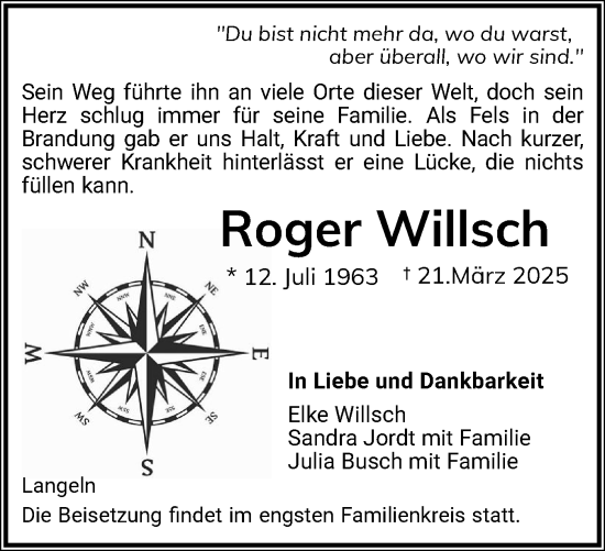 Traueranzeige von Roger Willsch von Elmshorner Nachrichten, Barmstedter Zeitung