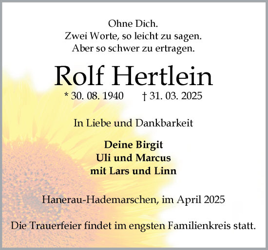 Traueranzeige von Rolf Hertlein von Schleswig-Holsteinische Landeszeitung