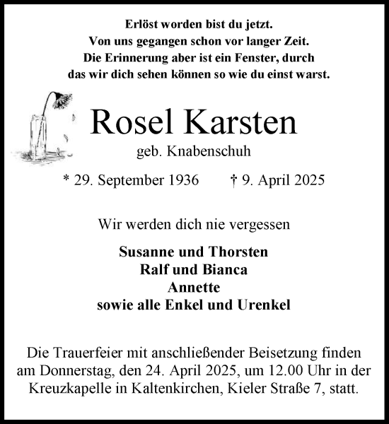 Traueranzeige von Rosel Karsten von Umschau
