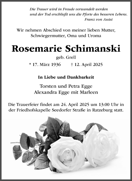 Traueranzeige von Rosemarie Schimanski von MARKT Ratzeburg/Mölln