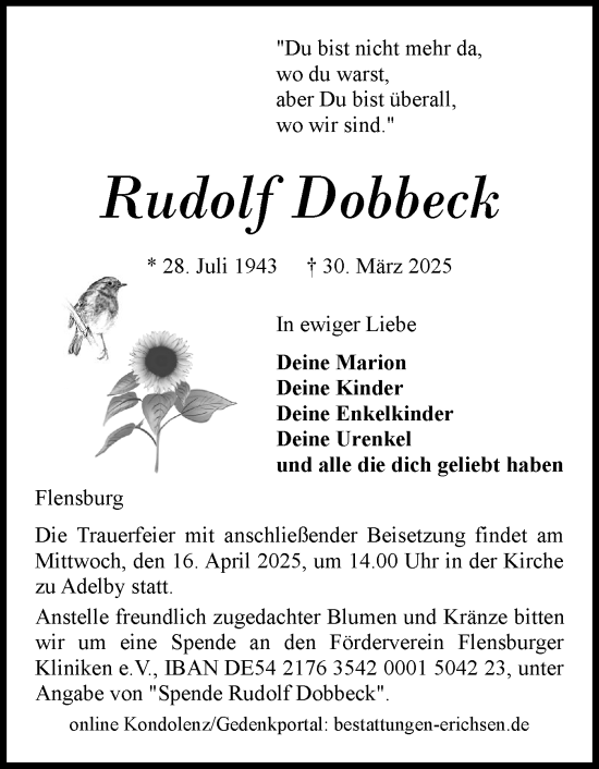 Traueranzeige von Rudolf Dobbeck von Flensburger Tageblatt