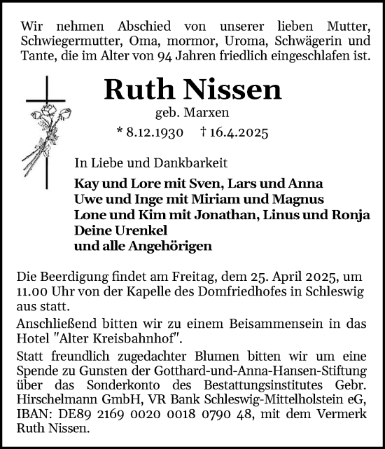 Traueranzeige von Ruth Nissen von Schleswiger Nachrichten, Schlei-Bote