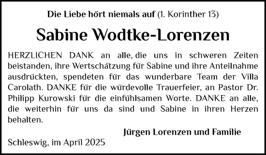 Traueranzeige von Sabine Wodtke-Lorenzen von Flensburger Tageblatt, Schleswiger Nachrichten, Schlei-Bote