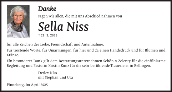 Traueranzeige von Sella Niss von Region Pinneberg und tip Pinneberg