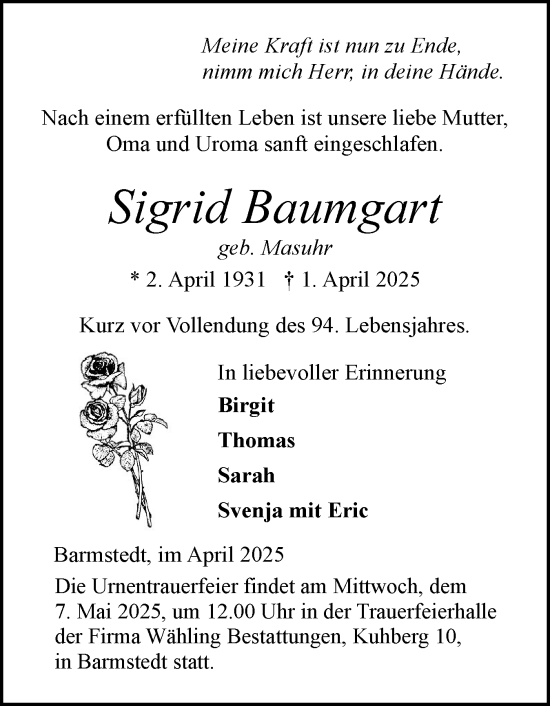 Traueranzeige von Sigrid Baumgart von Elmshorner Nachrichten, Barmstedter Zeitung