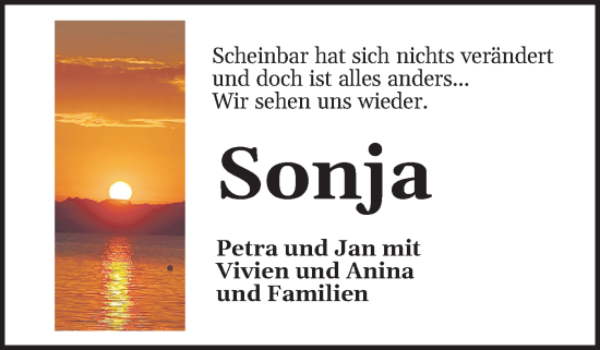 Traueranzeige von Sonja  von Flensburger Tageblatt