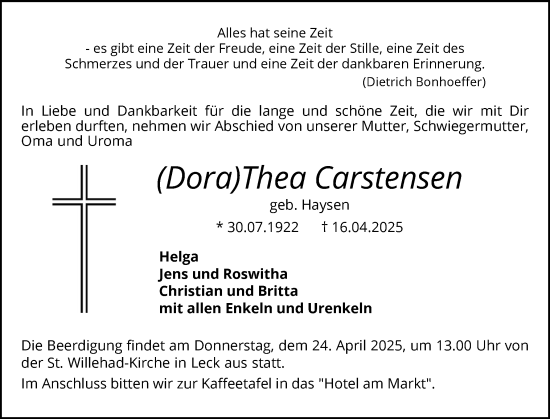 Traueranzeige von Thea Carstensen von Husumer Nachrichten, Nordfriesland Tageblatt