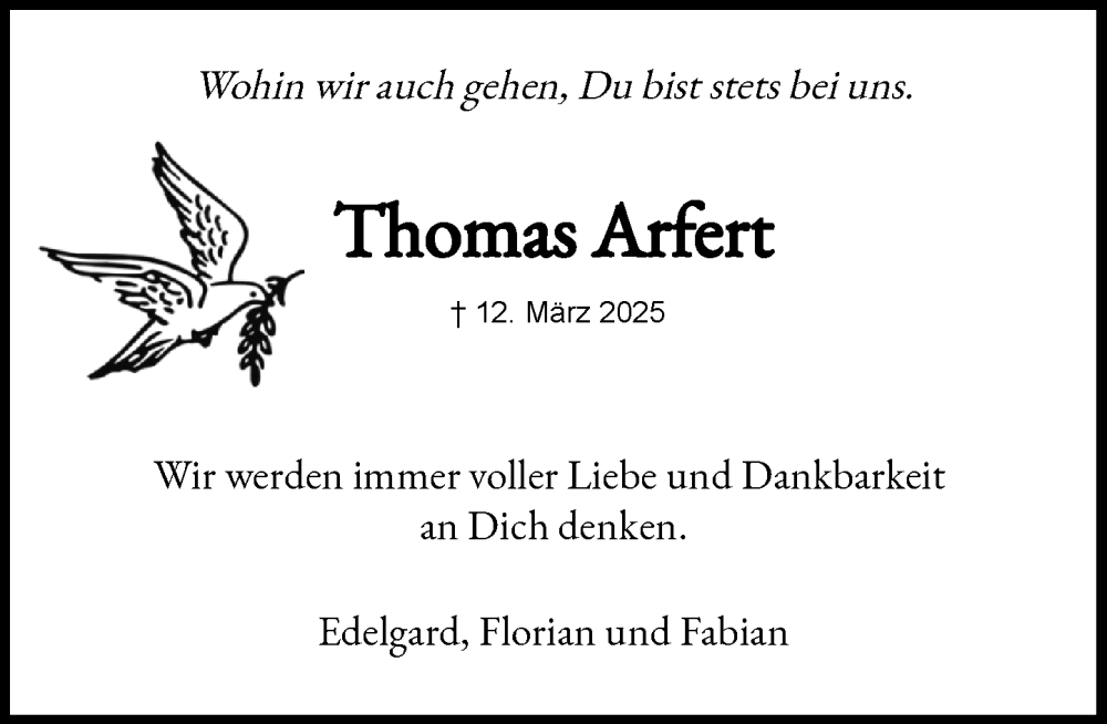  Traueranzeige für Thomas Arfert vom 19.04.2025 aus Heimatspiegel