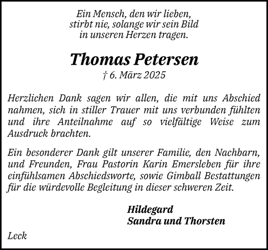 Traueranzeige von Thomas Petersen von Husumer Nachrichten, Nordfriesland Tageblatt