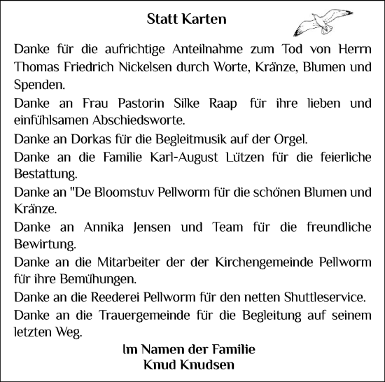 Traueranzeige von Thomas Friedrich Nickelsen von Husumer Nachrichten, Nordfriesland Tageblatt