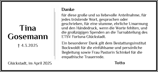 Traueranzeige von Tina Gosemann von Norddeutsche Rundschau, Wilstersche Zeitung, Glückstädter Fortuna