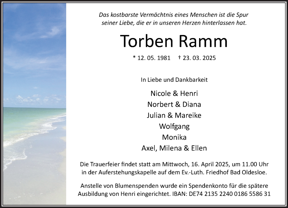  Traueranzeige für Torben Ramm vom 12.04.2025 aus MARKT Bad Oldesloe/Reinfeld und Stormarner Tageblatt