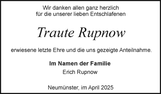 Traueranzeige von Traute Rupnow von Holsteinischer Courier