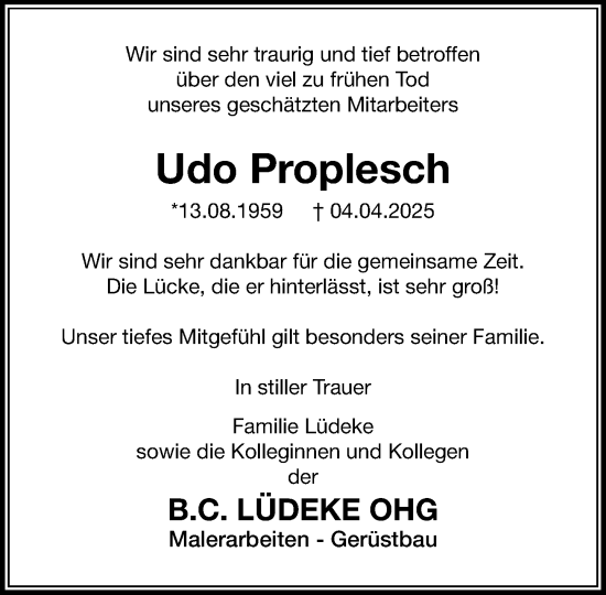 Traueranzeige von Udo Proplesch von Heimatspiegel