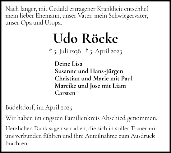Traueranzeige von Udo Röcke von Schleswig-Holsteinische Landeszeitung