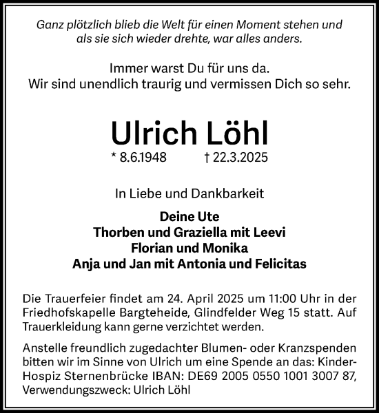 Traueranzeige von Ulrich Löhl von MARKT Ahrensburg/Bargteheide/Trittau und Stormarner Tageblatt