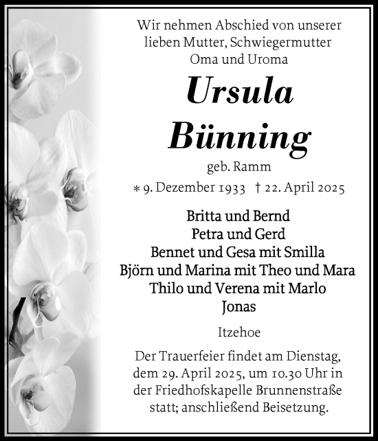 Traueranzeige von Ursula Bünning von Norddeutsche Rundschau, Wilstersche Zeitung, Glückstädter Fortuna