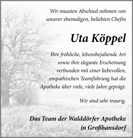 Traueranzeige von Uta Köppel von MARKT Ahrensburg/Bargteheide/Trittau und Stormarner Tageblatt