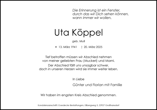 Traueranzeige von Uta Köppel von MARKT Ahrensburg/Bargteheide/Trittau und Stormarner Tageblatt