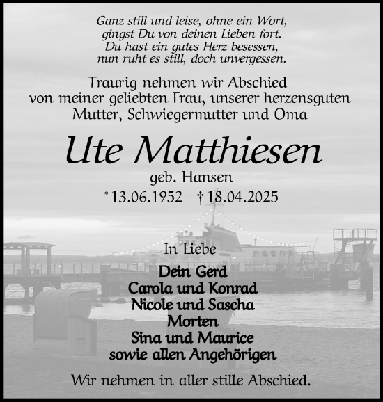 Traueranzeige von Ute Matthiesen von Flensburger Tageblatt