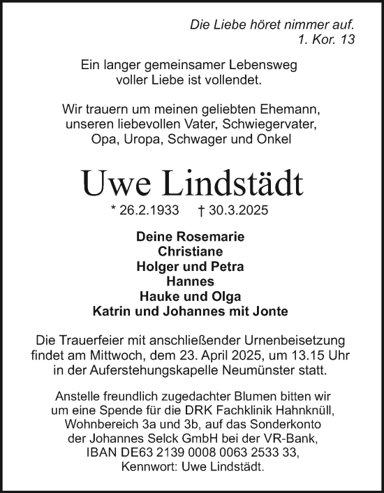Traueranzeige von Uwe Lindstädt von Holsteinischer Courier
