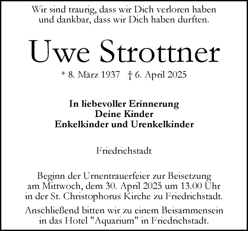 Traueranzeige für Uwe Strottner vom 19.04.2025