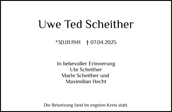 Traueranzeige von Uwe Ted Scheither von Region Pinneberg und tip Pinneberg