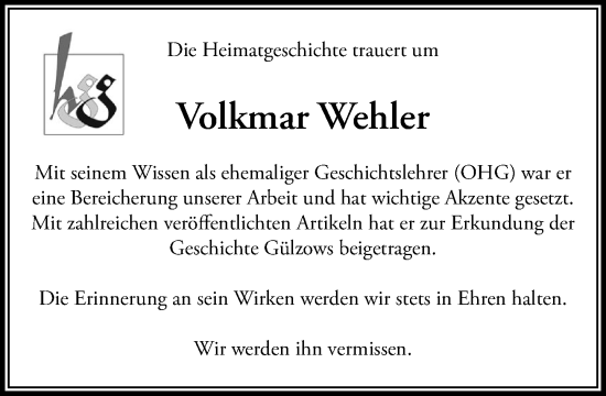 Traueranzeige von Volkmar Wehler von Wochenend Anzeiger