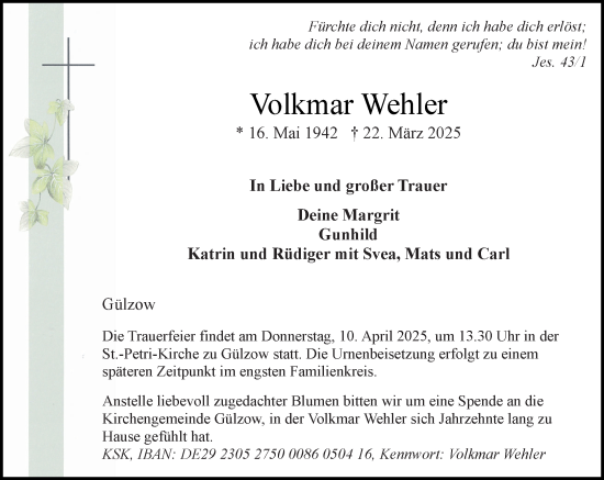 Traueranzeige von Volkmar Wehler von Wochenend Anzeiger
