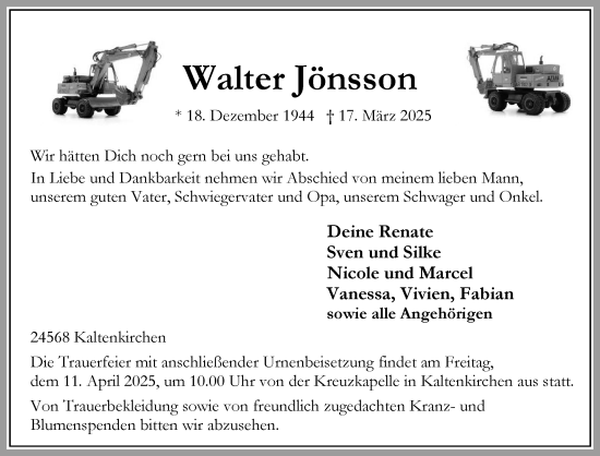 Traueranzeige von Walter Jönsson von Umschau