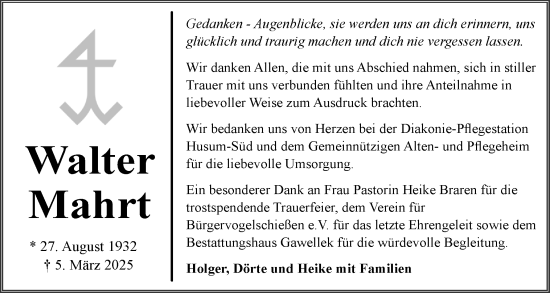Traueranzeige von Walter Mahrt von Husumer Nachrichten, Nordfriesland Tageblatt