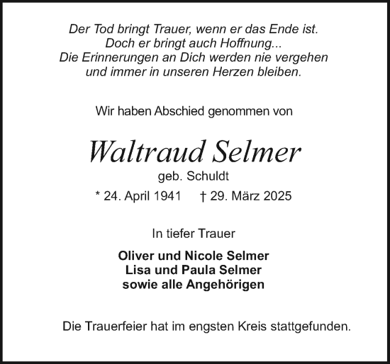 Traueranzeige von Waltraud Selmer von Holsteinischer Courier