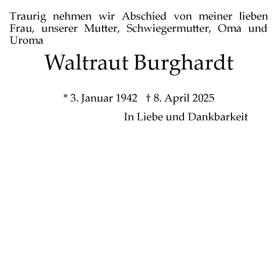 Traueranzeige von Waltraut Burghardt von Flensburger Tageblatt