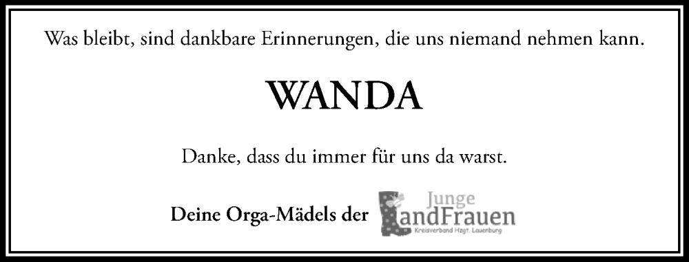  Traueranzeige für Wanda  vom 19.04.2025 aus Wochenend Anzeiger