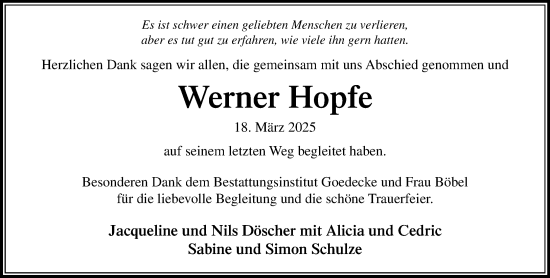 Traueranzeige von Werner Hopfe von MARKT Ahrensburg/Bargteheide/Trittau und Stormarner Tageblatt