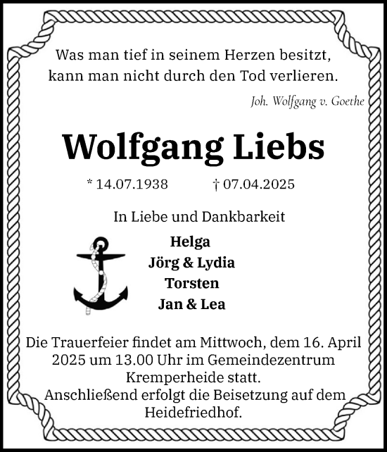 Traueranzeige von Wolfgang Liebs von Norddeutsche Rundschau, Wilstersche Zeitung, Glückstädter Fortuna