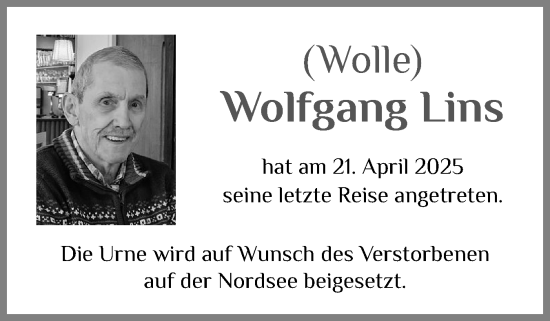Traueranzeige von Wolfgang Lins von Uetersener Nachrichten, Der tip am Wochenende