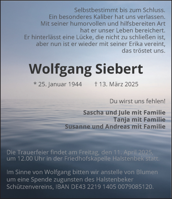 Traueranzeige von Wolfgang Siebert von Region Pinneberg und tip Pinneberg
