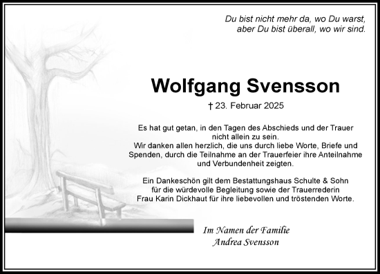 Traueranzeige von Wolfgang Svensson von Wochenend Anzeiger