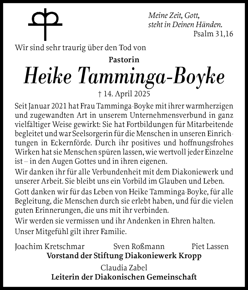  Traueranzeige für Heike Tamminga-Boyke vom 23.04.2025 aus Eckernförder Zeitung