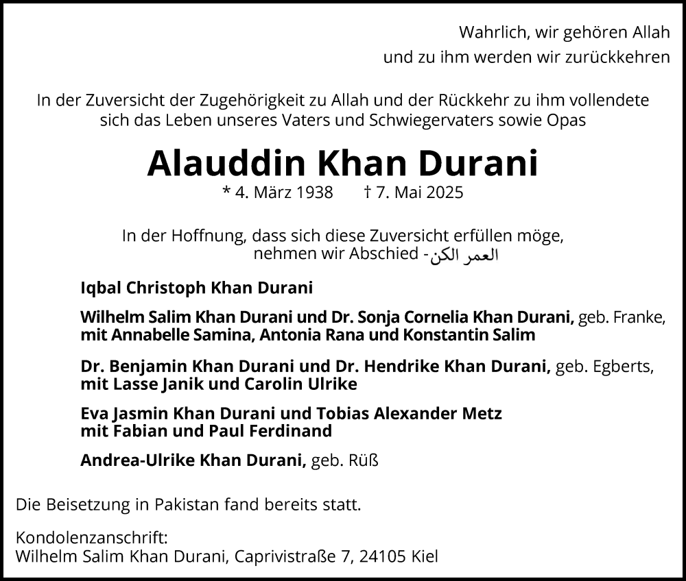  Traueranzeige für Alauddin Khan Durani vom 17.05.2025 aus Schleswiger Nachrichten, Schlei-Bote