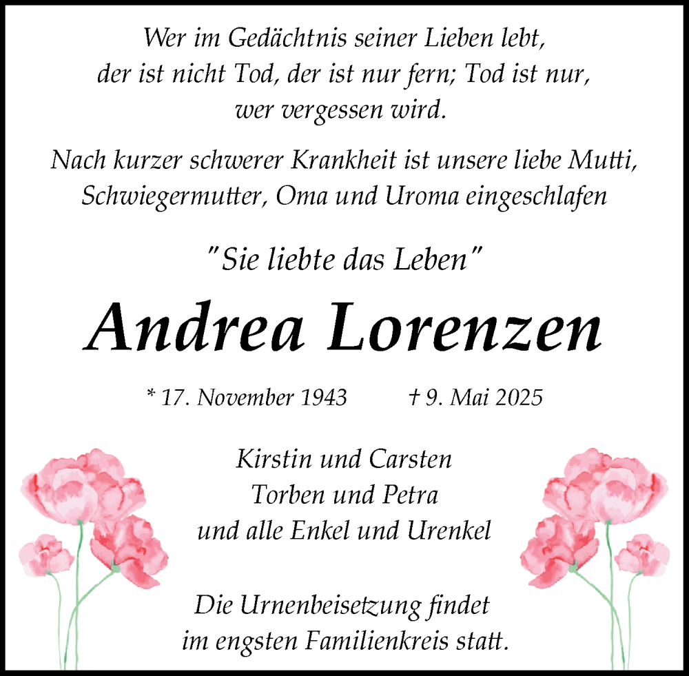  Traueranzeige für Andrea Lorenzen vom 17.05.2025 aus MARKT Glinde/Reinbek