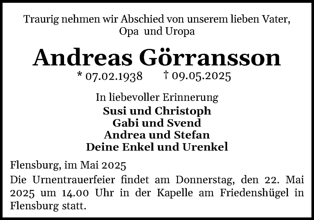  Traueranzeige für Andreas Görransson vom 17.05.2025 aus Flensburger Tageblatt