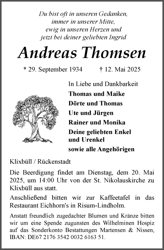  Traueranzeige für Andreas Thomsen vom 17.05.2025 aus Region Flensburg